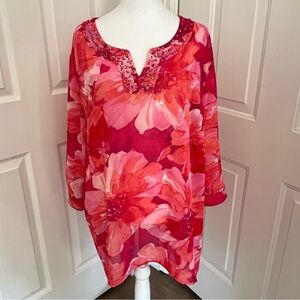 Maggie Barnes‎ 1X Floral Sheer Pink V Neck Beaded Top Fairy Whimsical Tunic Work